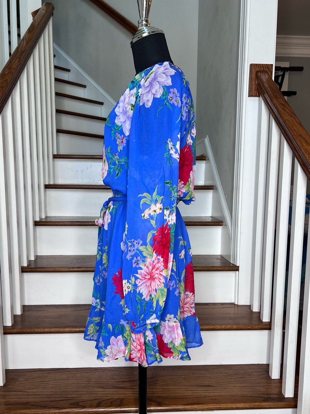 Yumi Kim Blue Floral Long Sleeve Ruffle Hem Mini Dress Size 2 - Picture 5 of 8